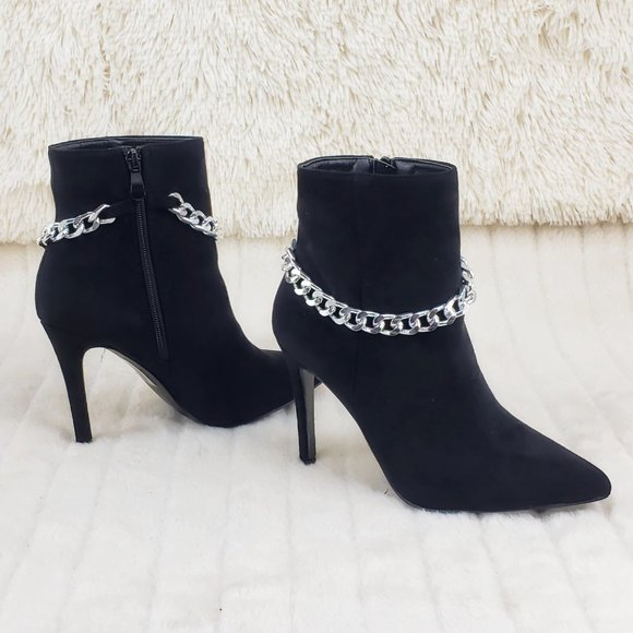 Brand New Crave Black Fx Suede 4" High Heel Ankle Boots With Silver Tone Chain - Picture 1 of 14